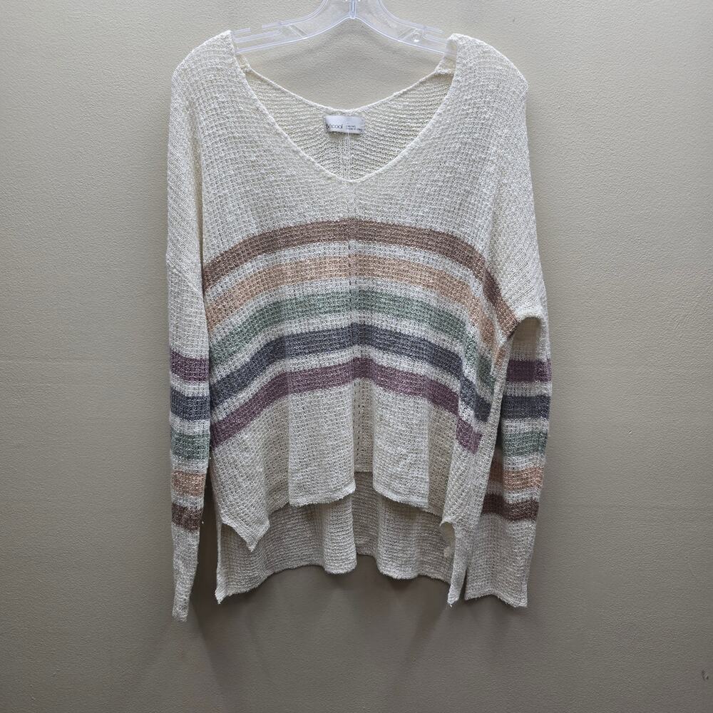 Becool Stripe Knit Loose Knit Sweater Boho Slouchy Pullover Off-White Size M/L
